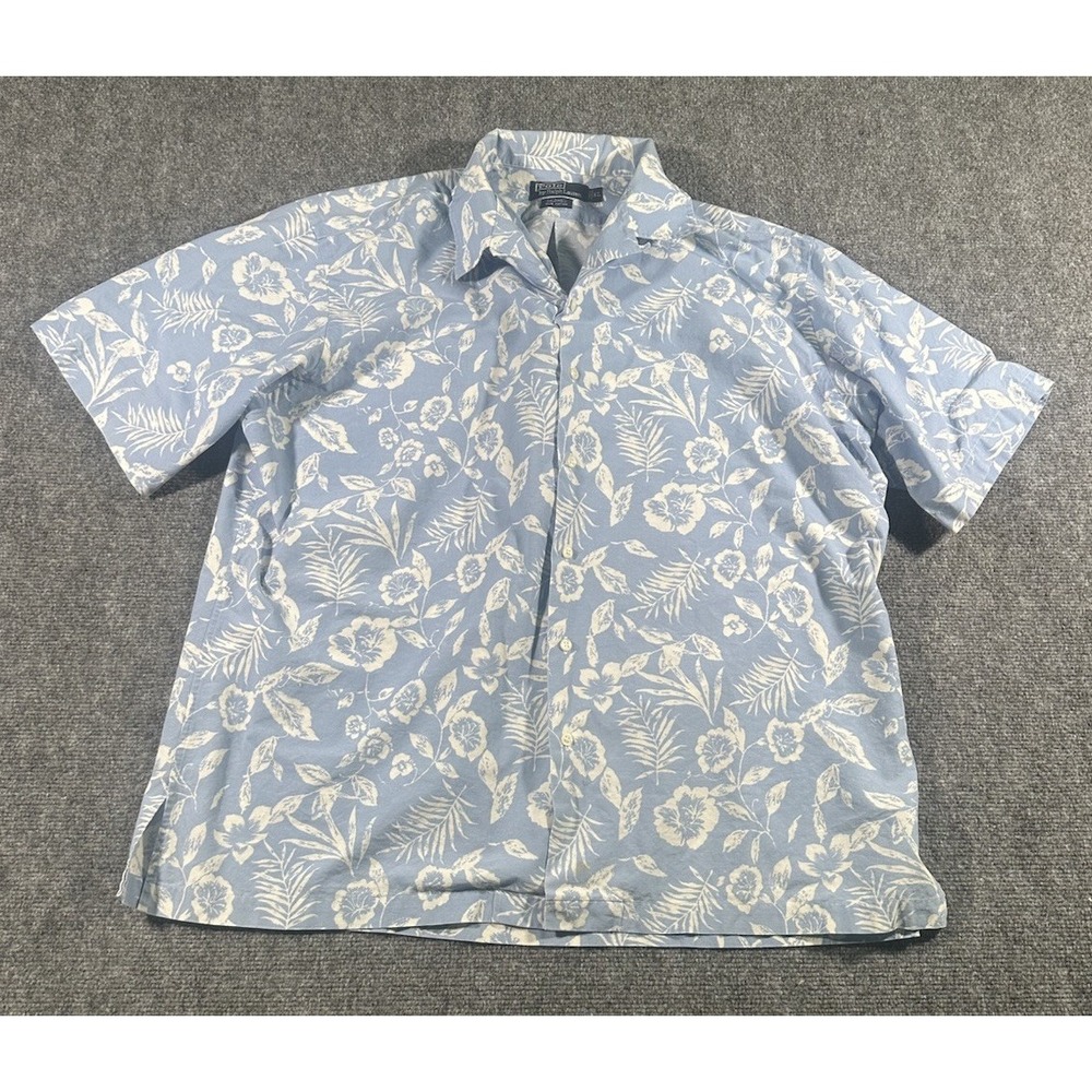 VTG Polo Ralph Lauren Mens XL Blue Floral Camp Button Shirt Loop Cotton Caldwell